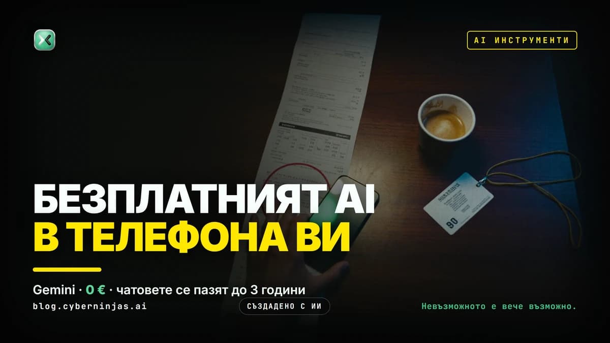 Gemini на български — ръка оставя телефон с екрана надолу върху дълга касова бележка под прожектор