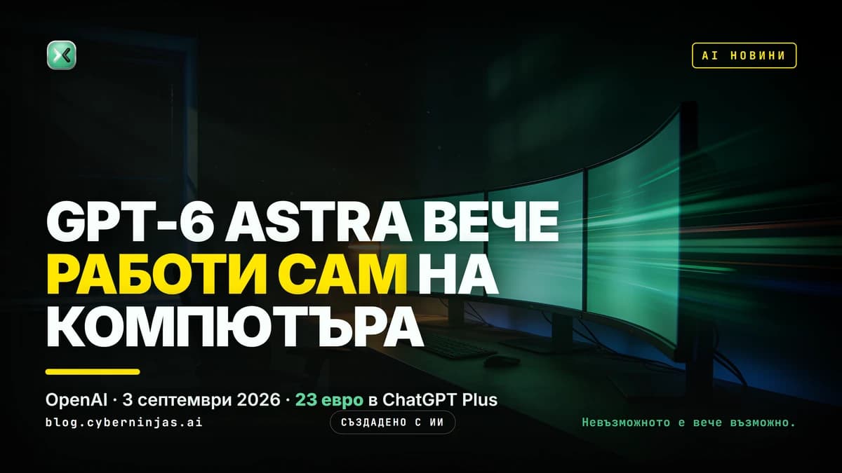 GPT-6 Astra работи сам на компютър през нощта, докато столът пред бюрото стои празен