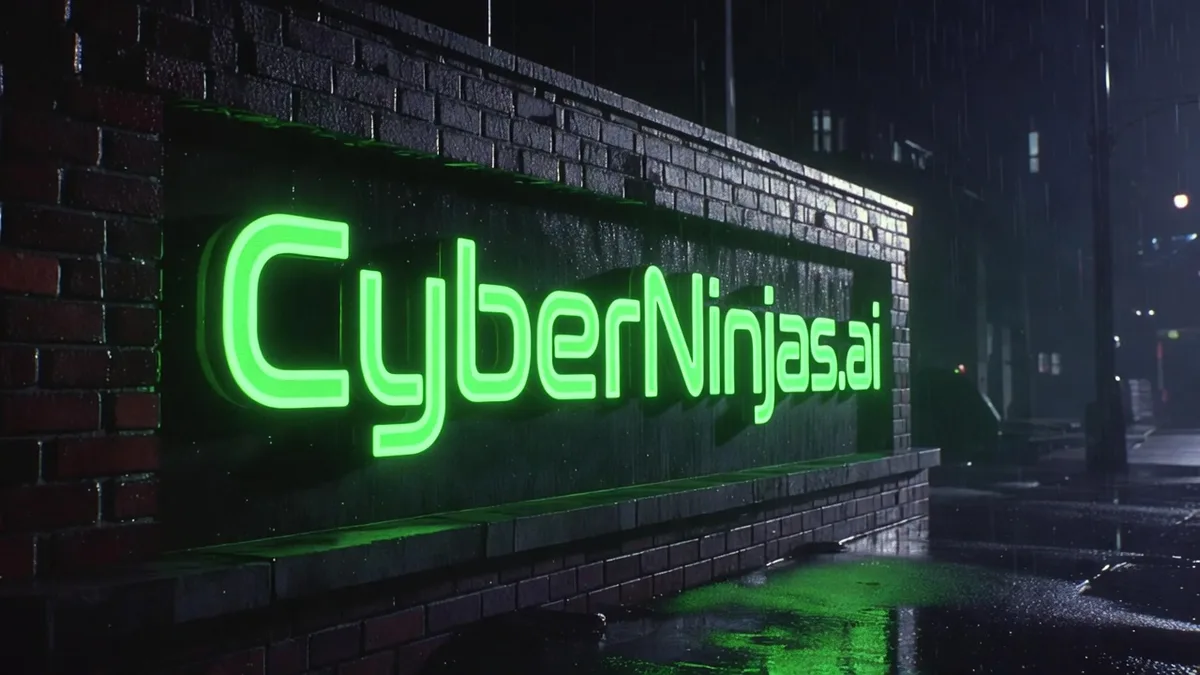 Grok Imagine тест текст рендериране — CyberNinjas.ai неонова табела генерирана с Aurora