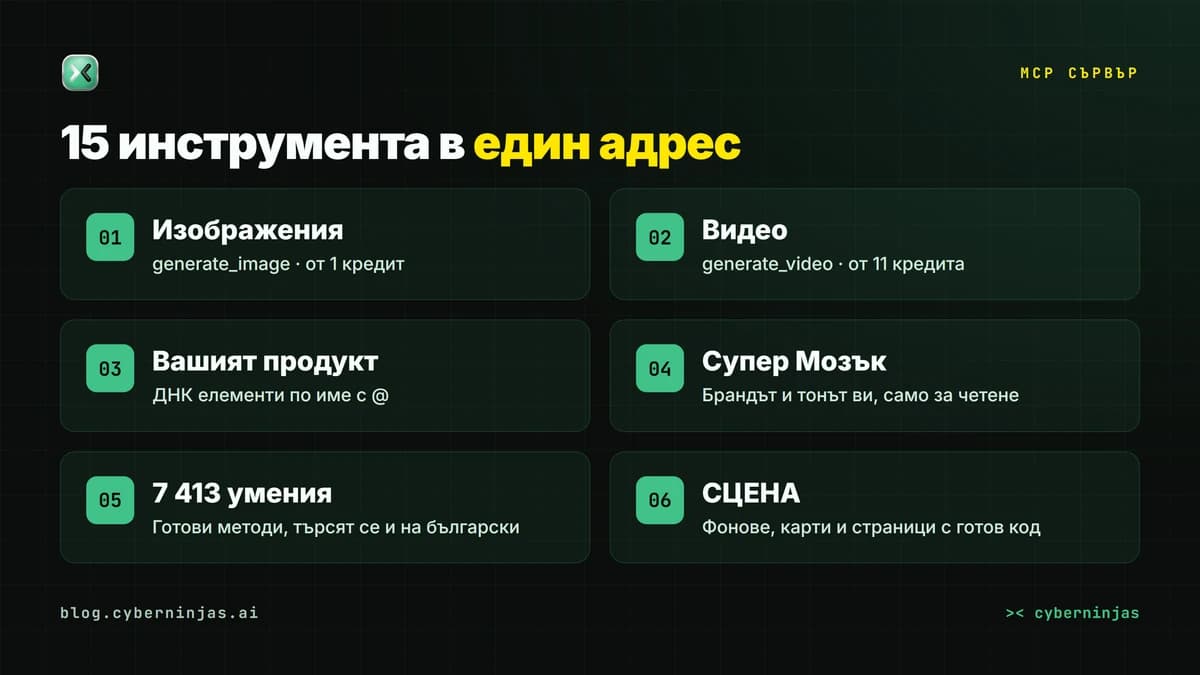MCP сървър на CyberNinjas — 15-те инструмента по групи: изображения, видео, умения, мозък и СЦЕНА