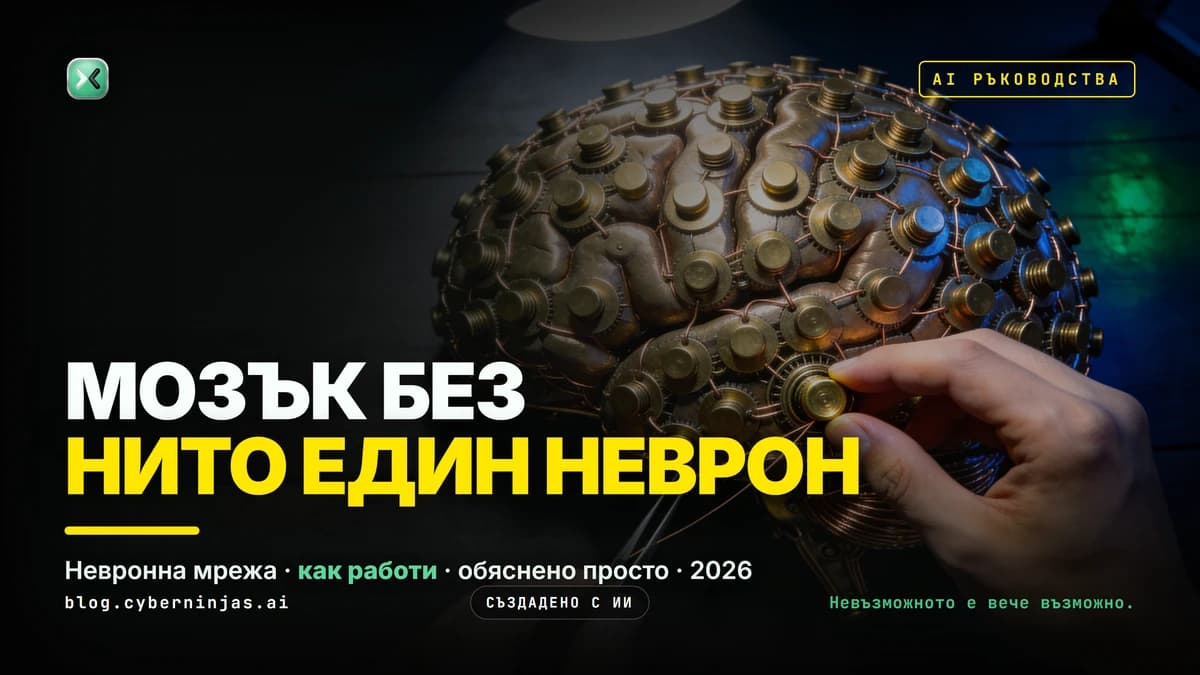 Невронна мрежа като машина: ръце въртят месингови копчета върху мозък от метал и медни жици
