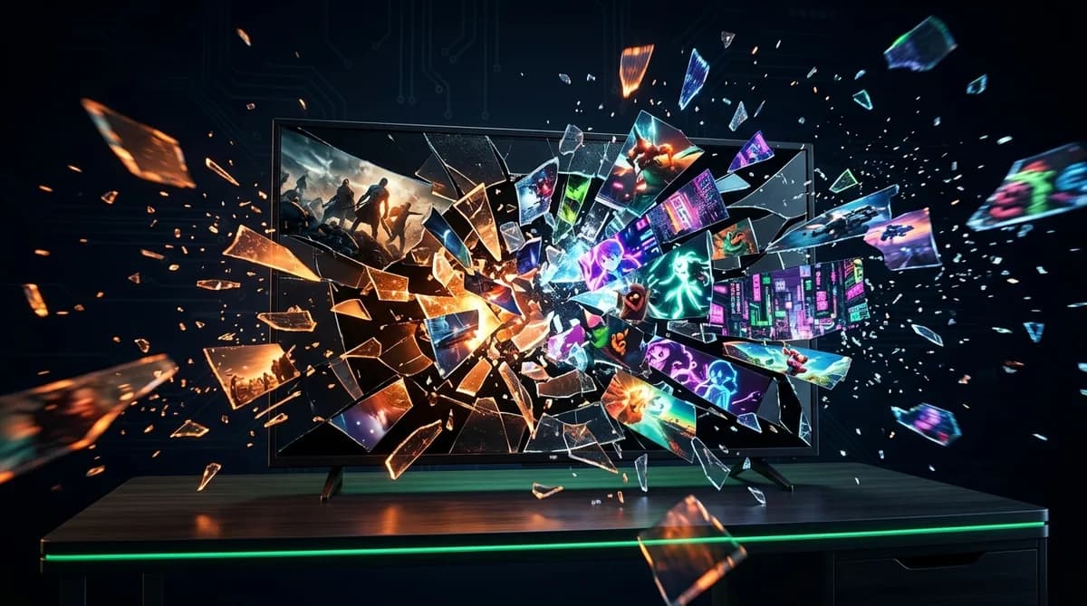 OpenAI спира Sora — разбит телевизионен екран с AI видео символика и логото на Sora