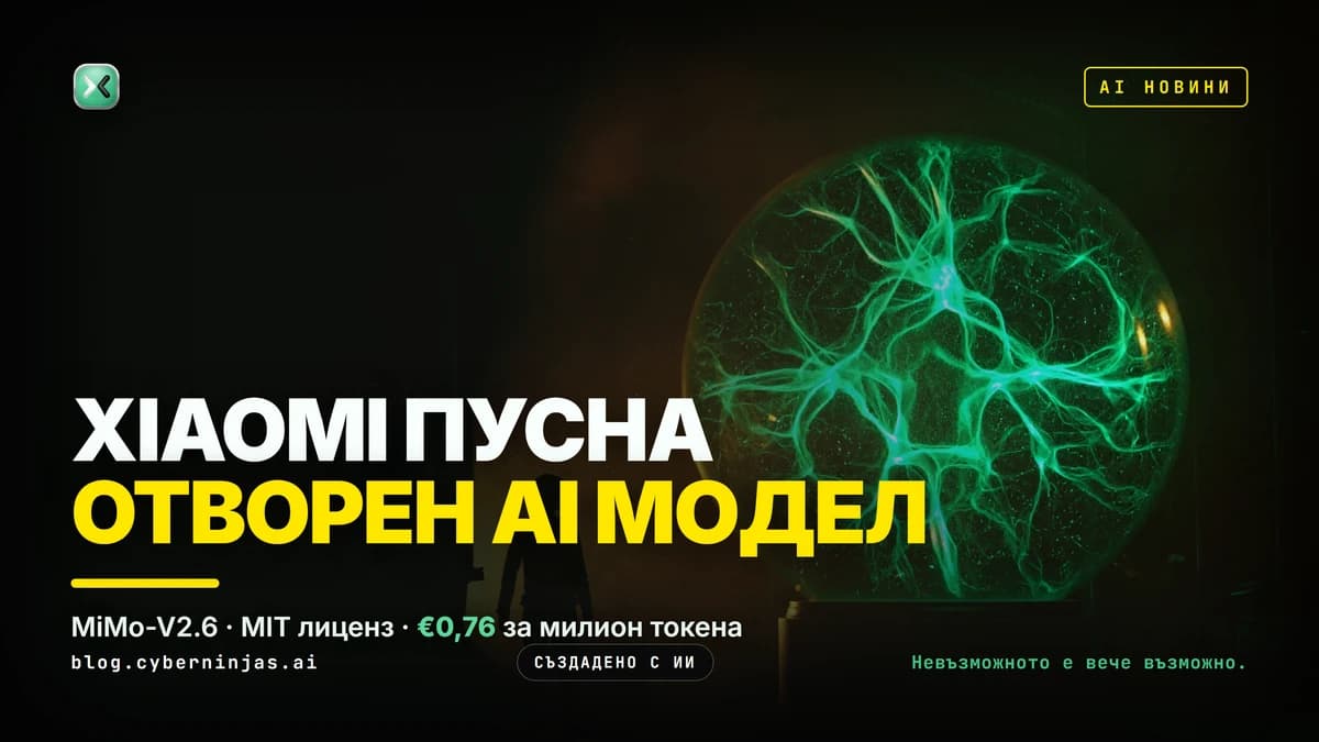 Xiaomi MiMo-V2.6 — отвореният AI модел на Xiaomi като светещ чип върху тъмна работна маса