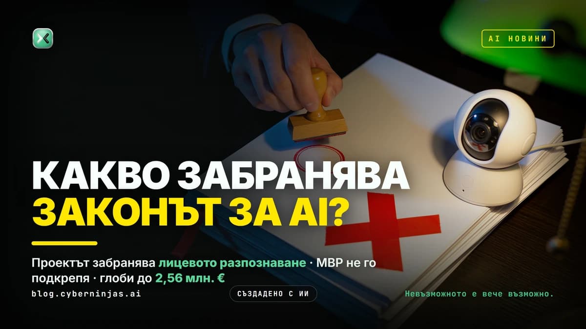 Закон за изкуствения интелект: ръка удря червен печат върху дебел законопроект, до него камера за наблюдение и червен X