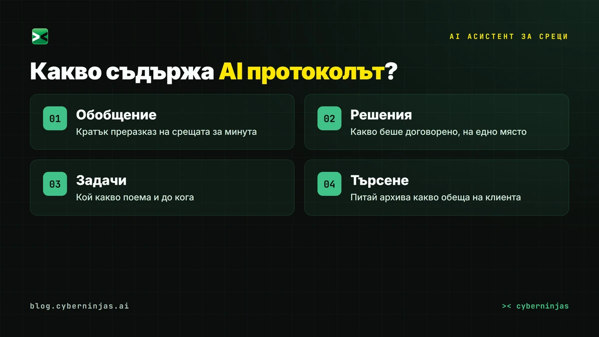 AI асистент за срещи показва автоматичен протокол с решения и задачи на български