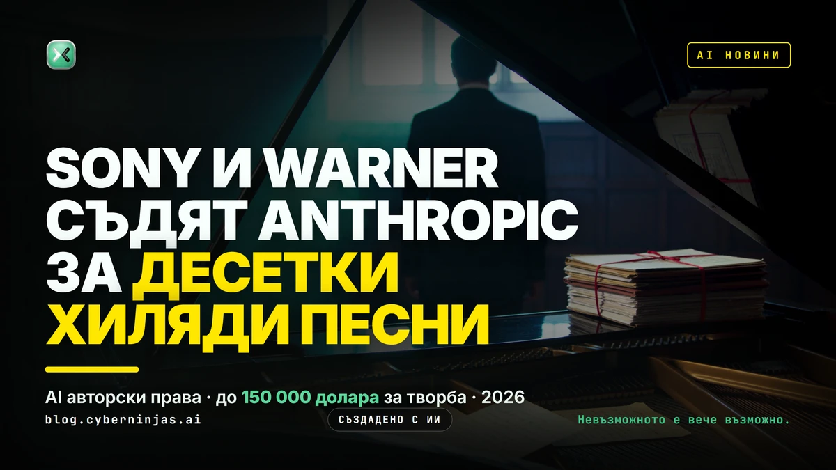 AI авторски права в музиката — роял с ноти и папка съдебни документи в тъмна зала