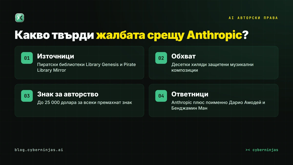AI авторски права — четирите основни твърдения в жалбата на Sony Music Publishing и Warner Chappell срещу Anthropic
