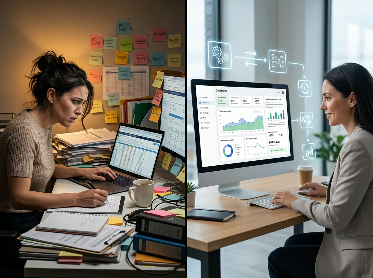 A split-screen composition showing two marketing workflows side by side. Left side: a stressed marketing professional su