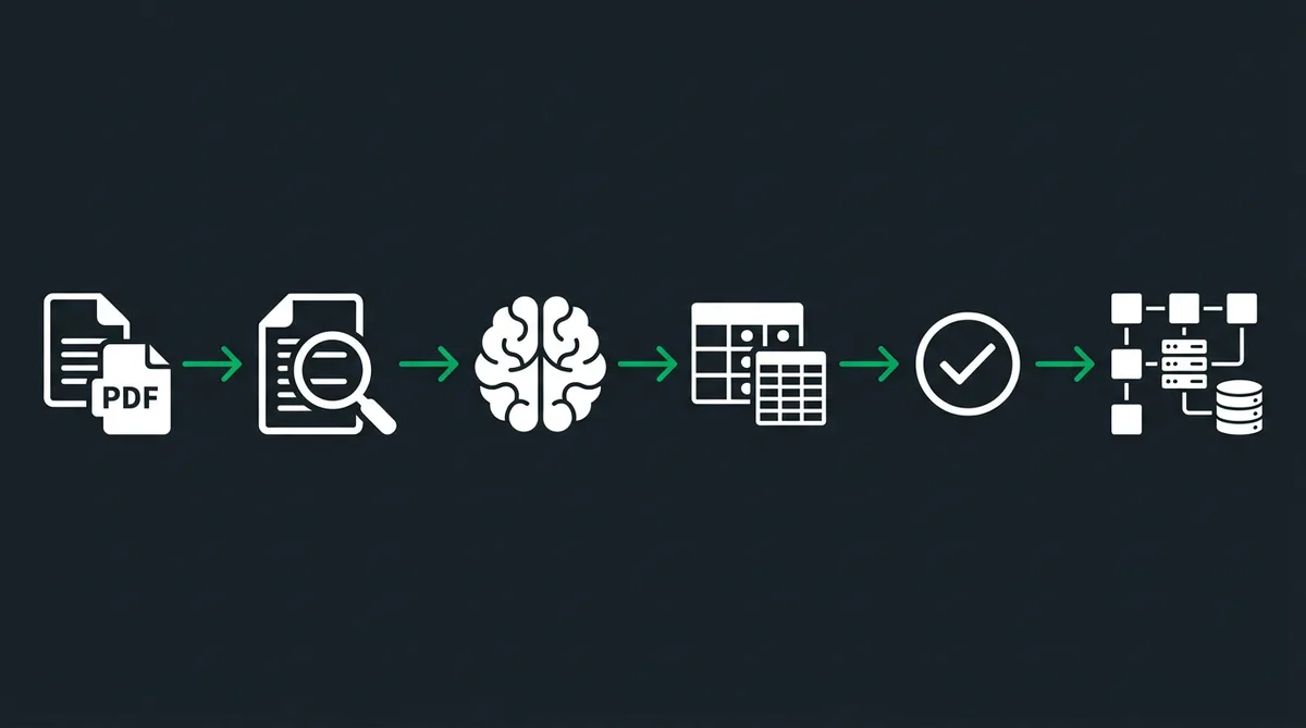 AI обработка на документи — workflow диаграма: сканиране, OCR, класификация, извличане, валидация и ERP интеграция