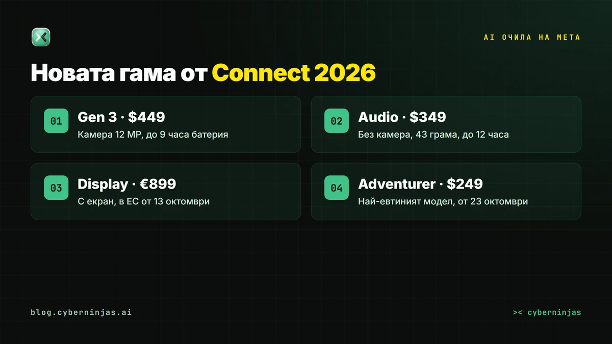 AI очила на Meta — трите нови модела от Connect 2026 и цените им