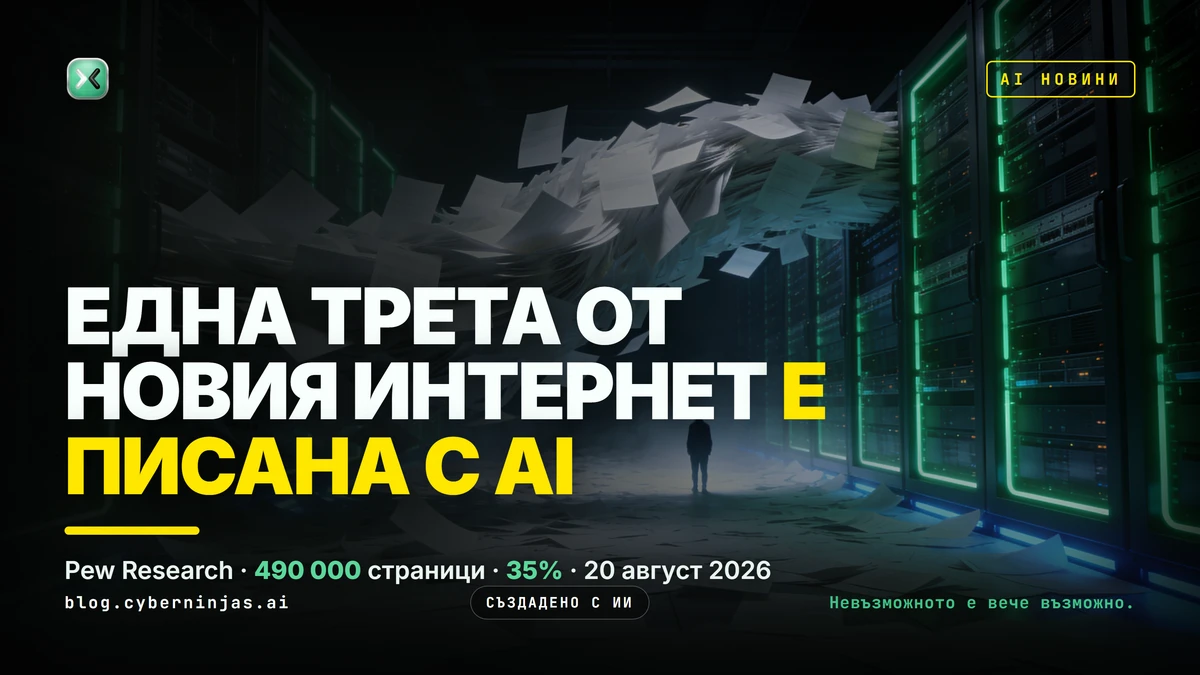 AI съдържание в интернет — езиков модел пише уеб страници в тъмна сървърна зала