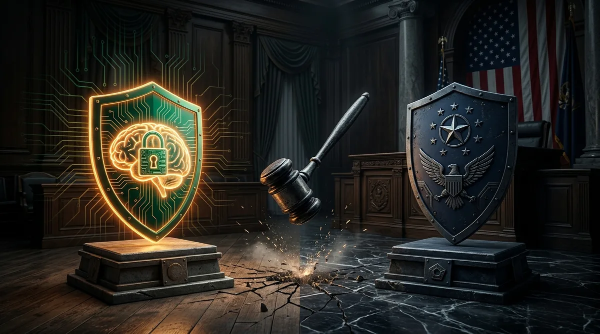 Anthropic срещу Пентагона — съдебна зала с AI safety символика и военни щитове