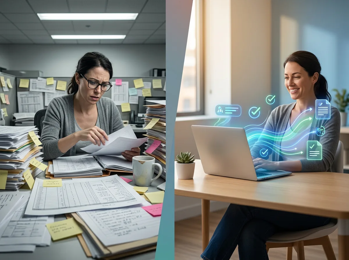 A split-screen photorealistic editorial illustration: left side shows a person at a cluttered desk manually sorting thro
