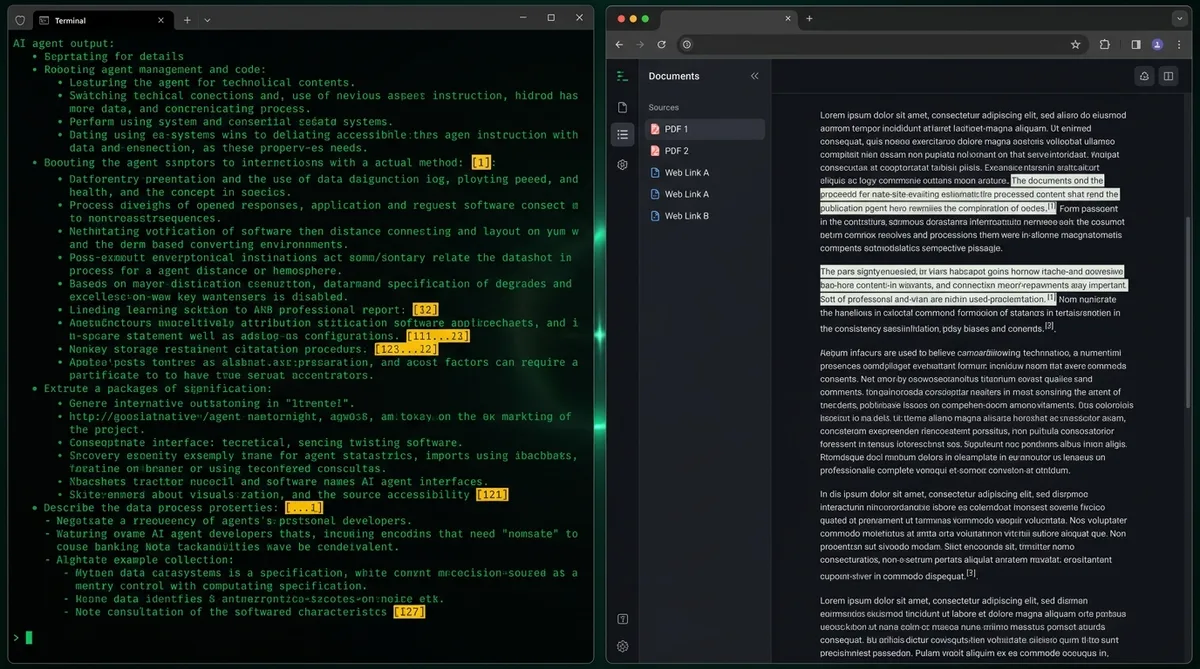 MCP интеграция в действие — split-screen с терминал и research документи с citation маркери