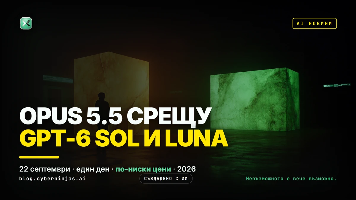 Claude Opus 5.5 и GPT-6 Sol като два светещи монолита един срещу друг в тъмна зала