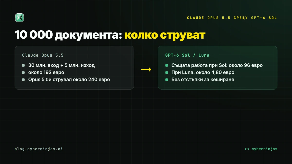 Claude Opus 5.5 срещу GPT-6 Sol — цени в евро и сметка за 10 000 документа