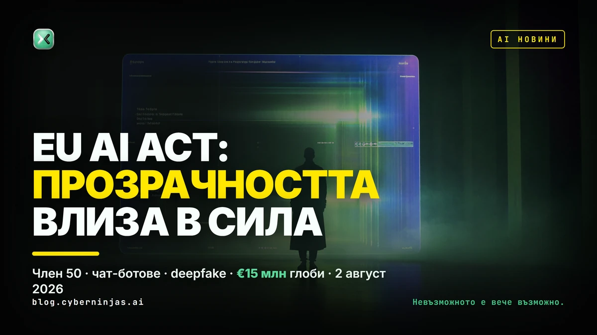 EU AI Act прозрачност — новите правила от 2 август 2026 за чат-ботове, deepfake маркиране и глоби в ЕС