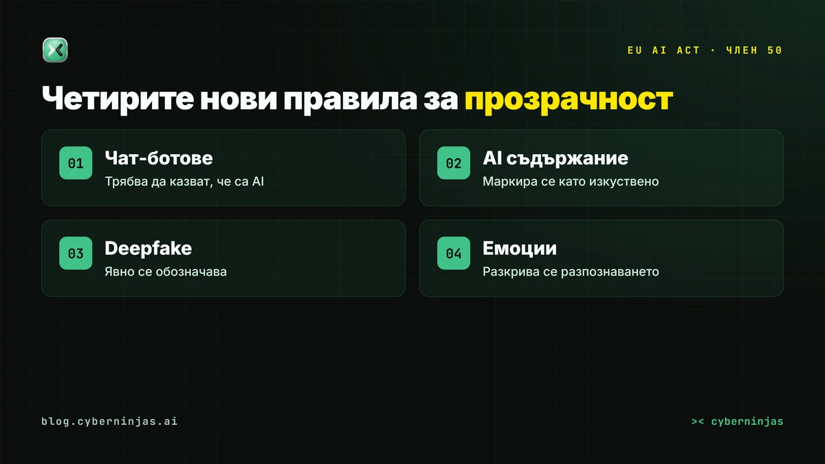 EU AI Act прозрачност — четирите нови задължения по Член 50 за чат-ботове, AI съдържание, deepfake и разпознаване на емоции