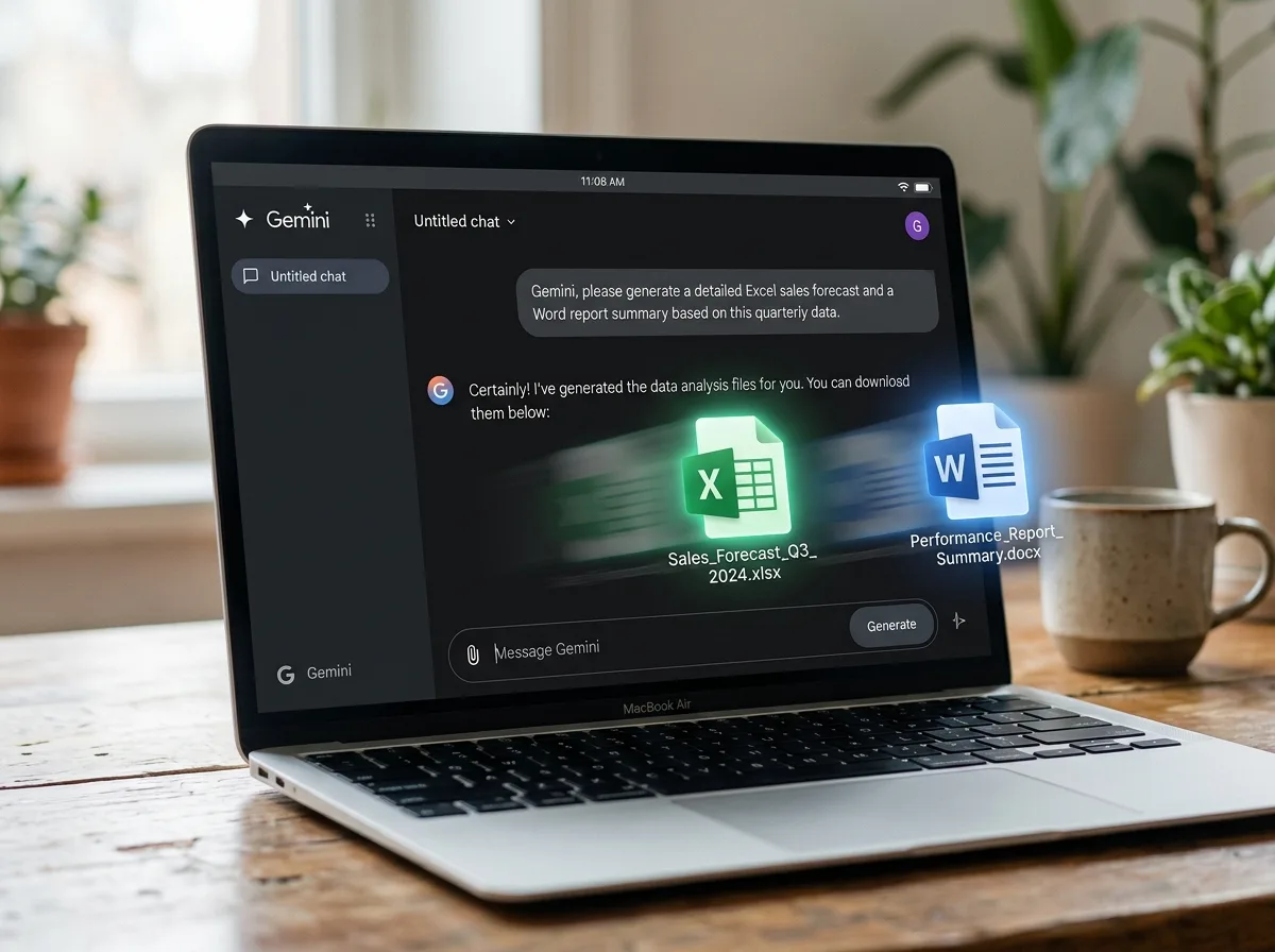 Gemini генериране на файлове — chat интерфейс с Excel и Word output в реално време