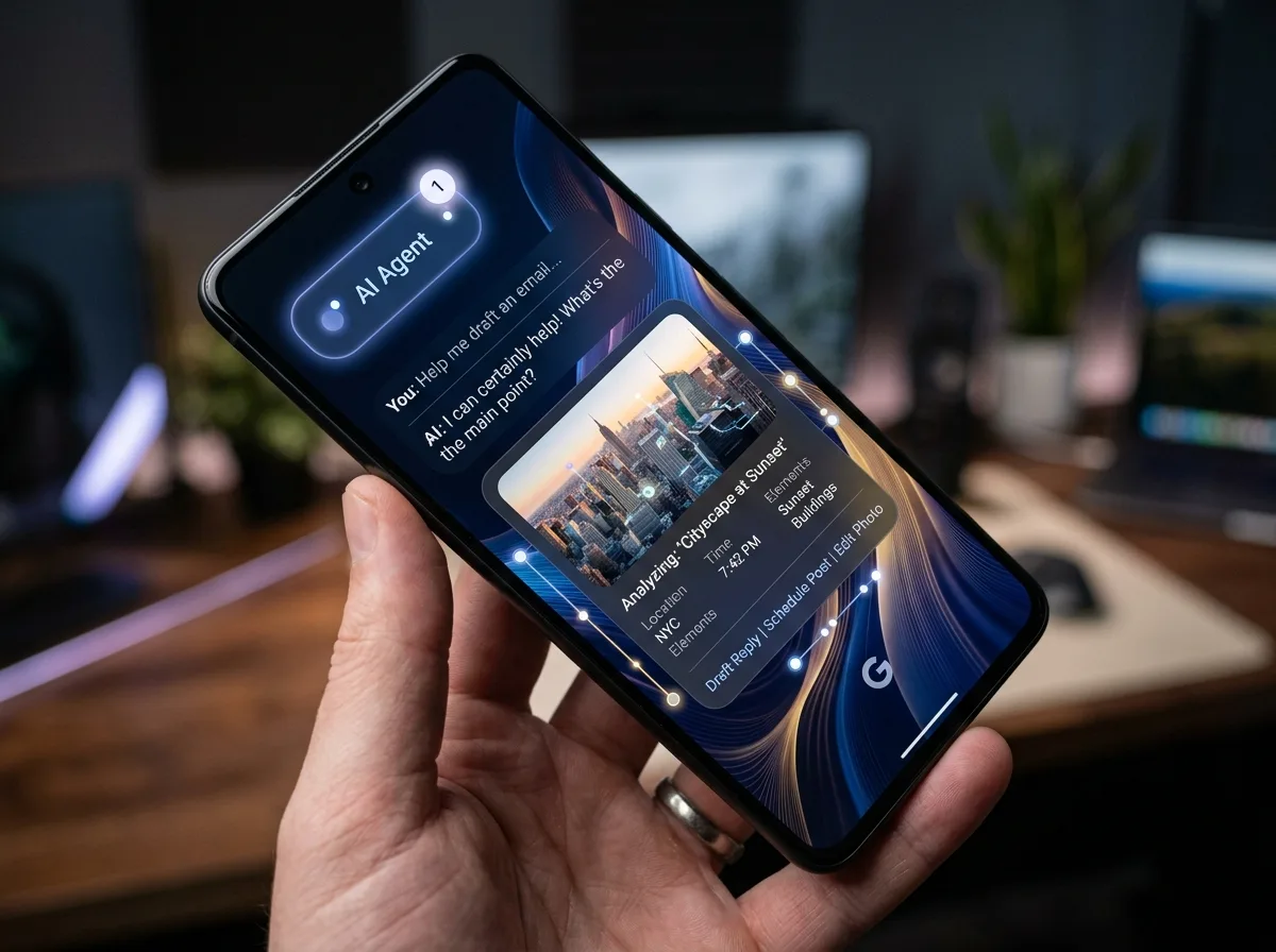 Gemini Intelligence Android — Material 3 Expressive интерфейс с активен AI агент на Pixel 10 телефон