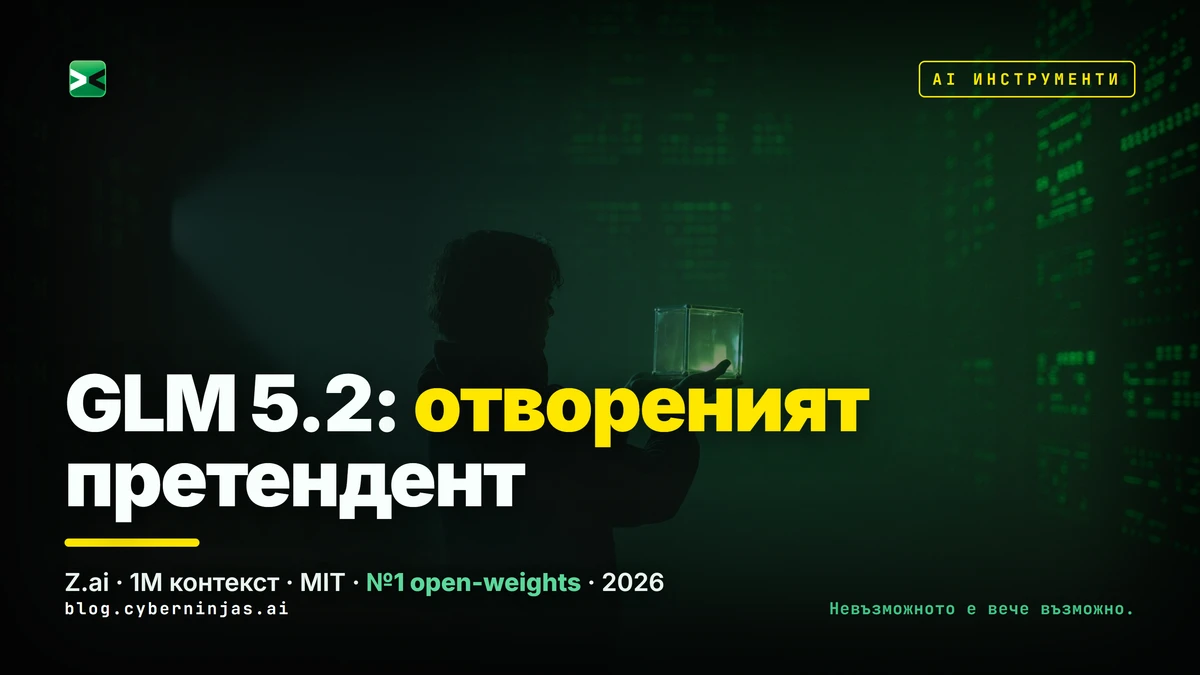 GLM 5.2 — open-weights MoE модел на Z.ai с 1M контекст, изобразен като светещ куб в дата-център