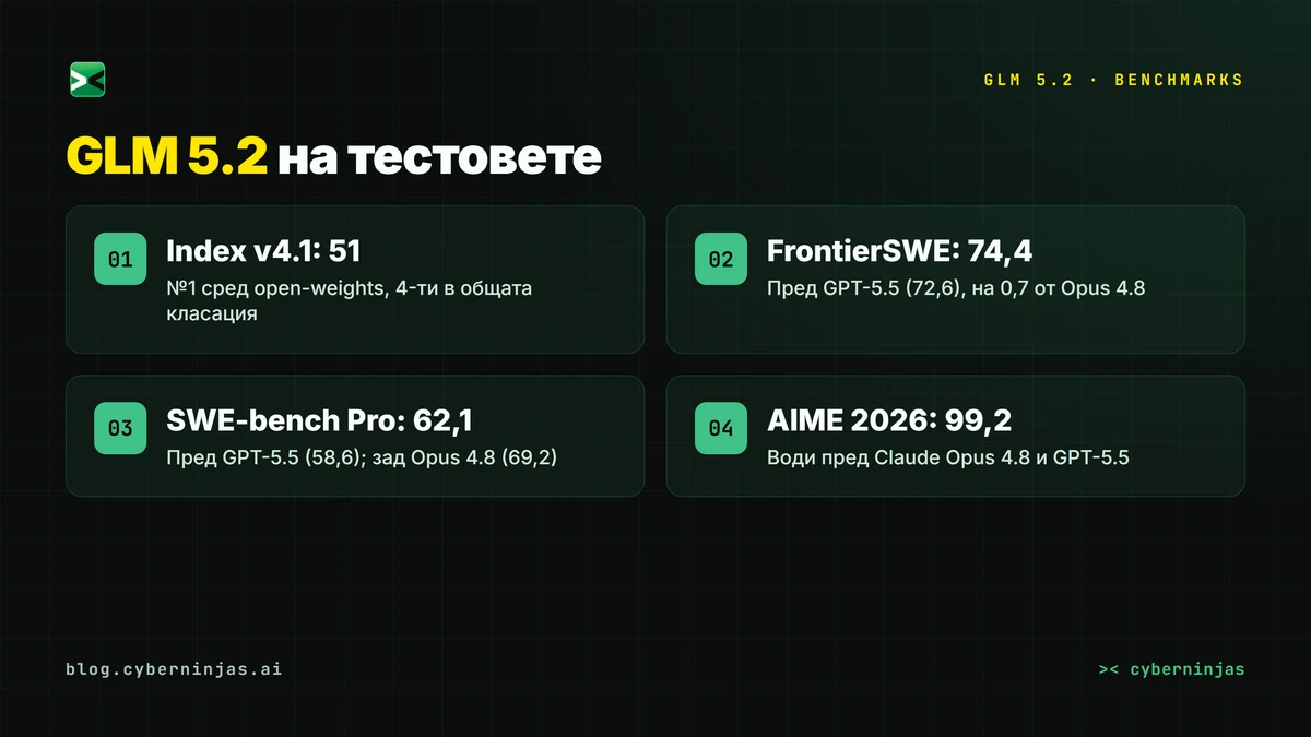 GLM 5.2 benchmarks — Intelligence Index 51, FrontierSWE 74,4, SWE-bench Pro 62,1 и AIME 2026 99,2