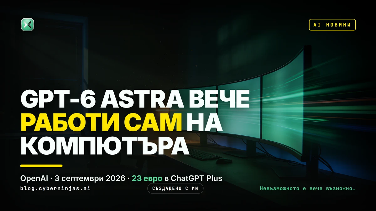 GPT-6 Astra работи сам на компютър през нощта, докато столът пред бюрото стои празен