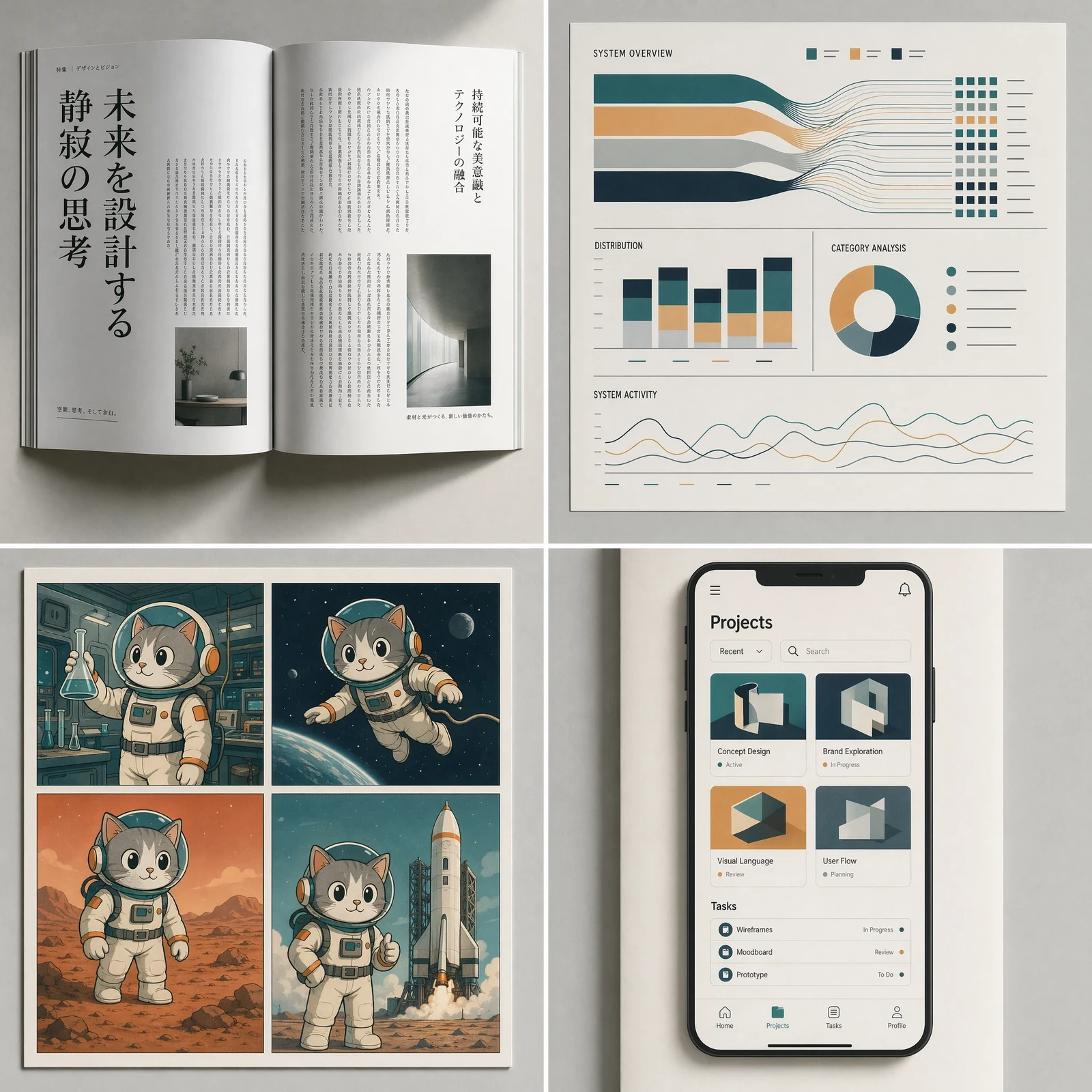 GPT Image 2 capabilities — вертикална японска типография, dense dashboard инфографика, последователен астронавт-котка герой и мобилен UI mockup