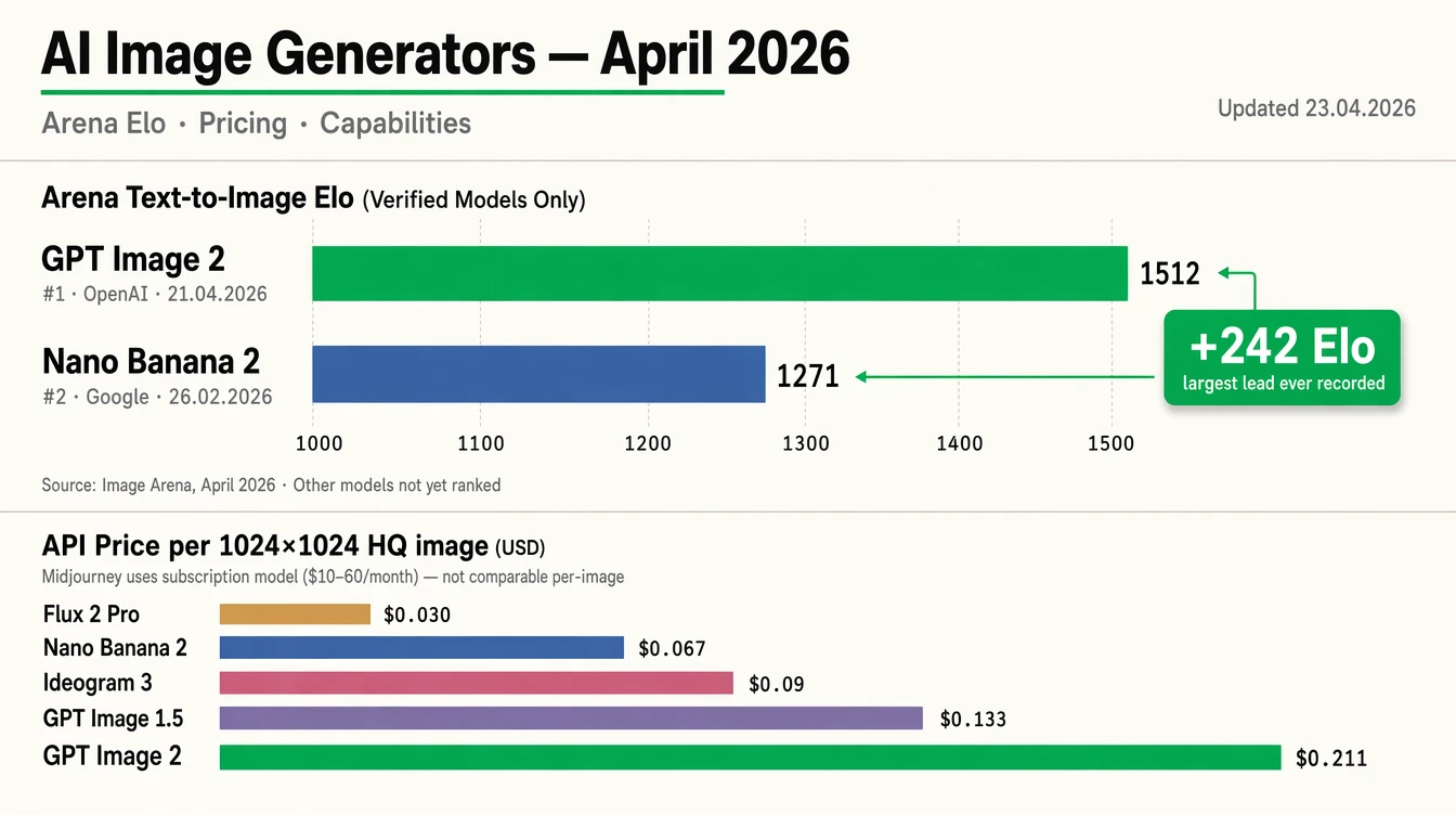 Benchmark dashboard — GPT Image 2 с 1512 Elo срещу Nano Banana 2 с 1271 Elo плюс API цени на 5 AI генератора