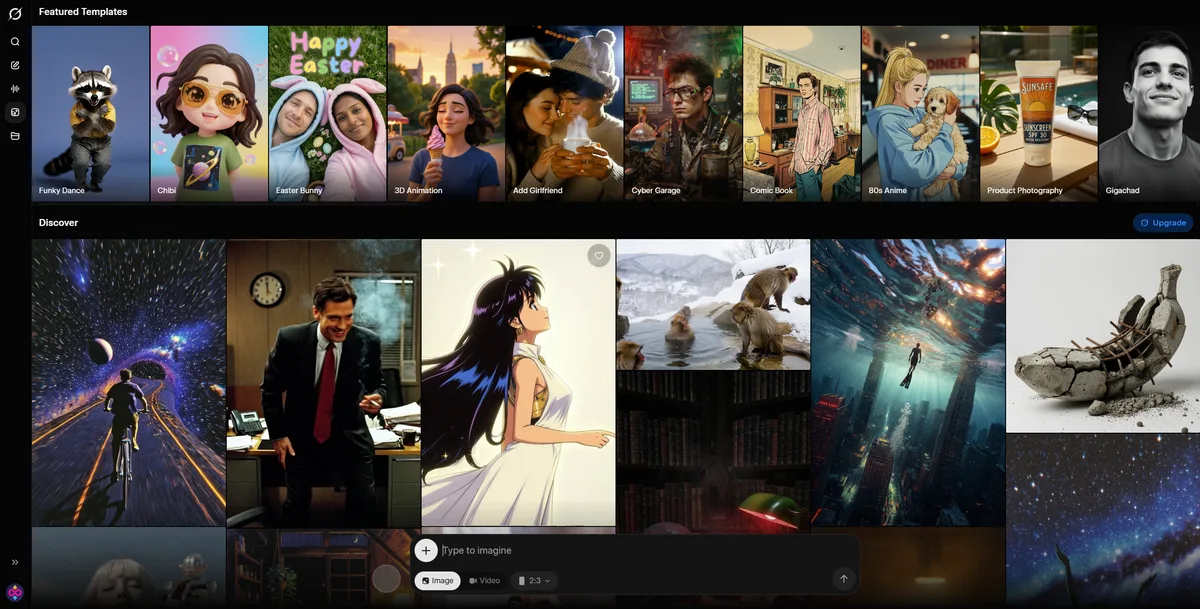 Grok Imagine интерфейс на xAI — Featured Templates, Discover и промпт лента за AI генериране на изображения
