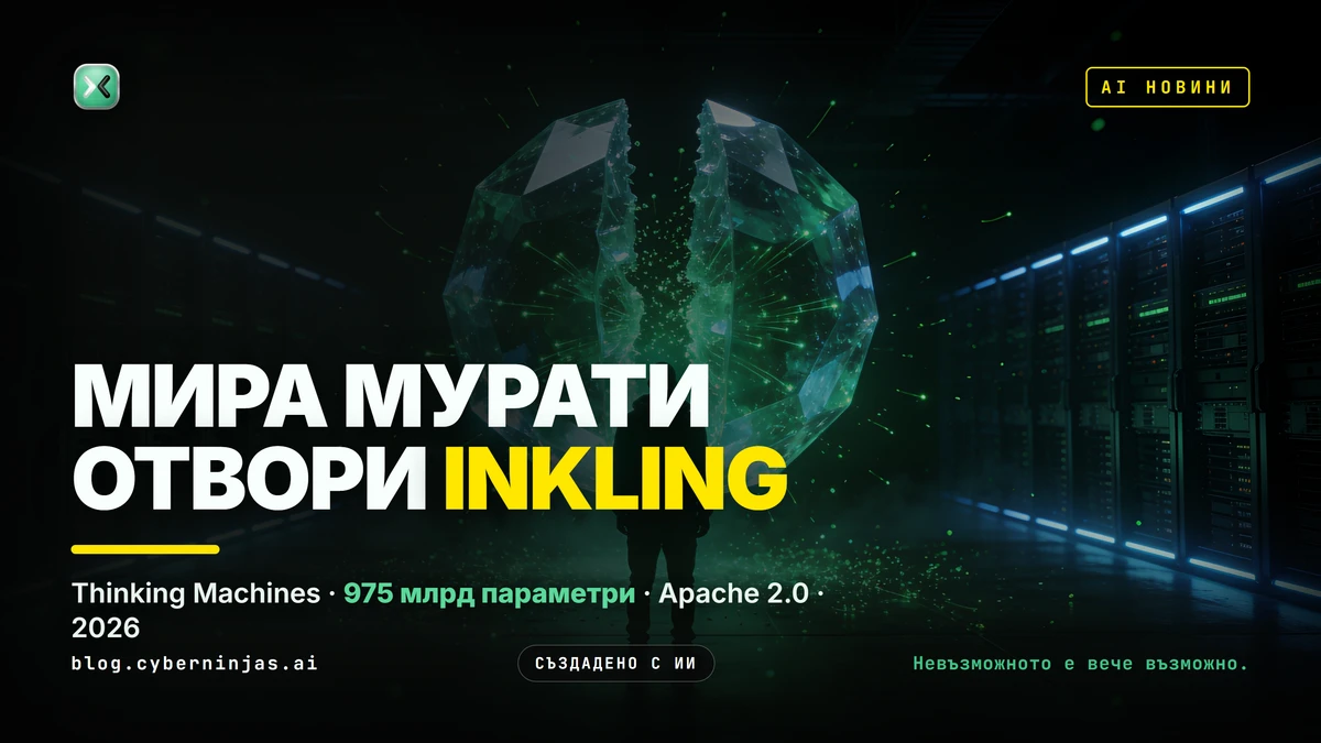 Inkling — отвореният AI модел на Thinking Machines, изобразен като светещо ядро в тъмна сървърна зала