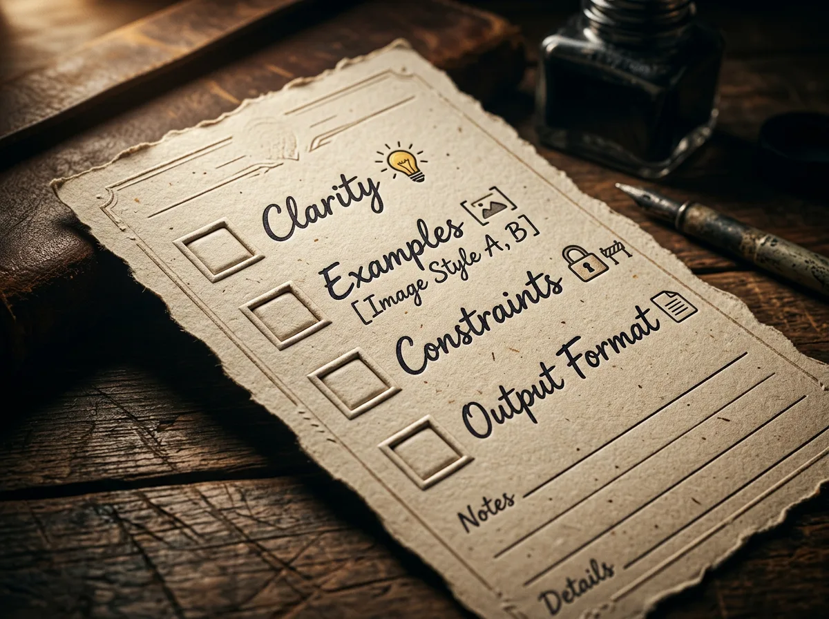 Чек-лист за перфектния prompt — Clarity, Examples, Constraints, Output Format