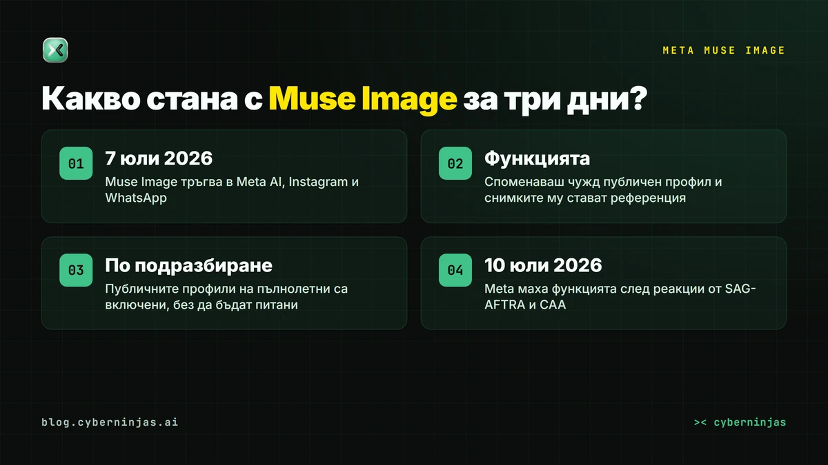 Meta Muse Image — хронология от старта на 7 юли 2026 до премахването на функцията със споменаване на профили на 10 юли