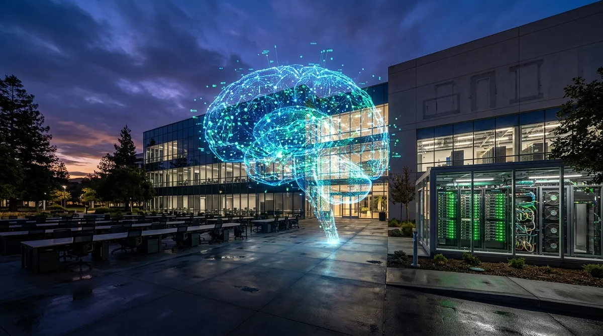 Meta съкращения AI — визуализация на преструктуриране с логото на Meta и AI чип символика