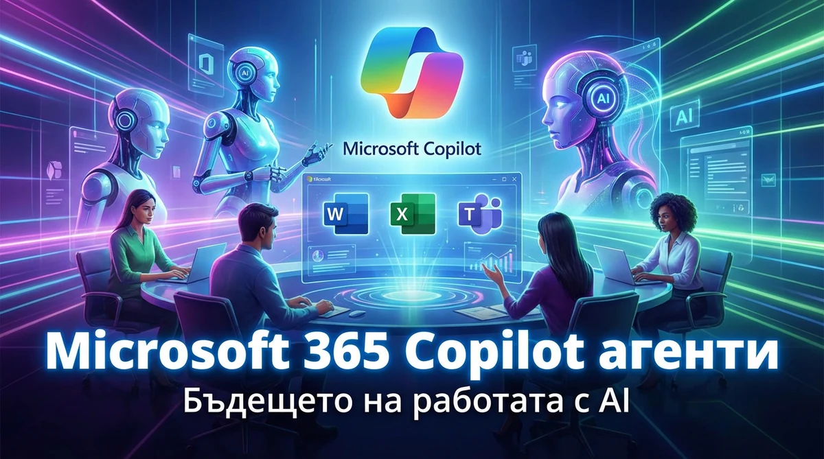 Microsoft 365 Copilot агенти работят автономно в модерен корпоративен dashboard — визуализация за бизнес 2026
