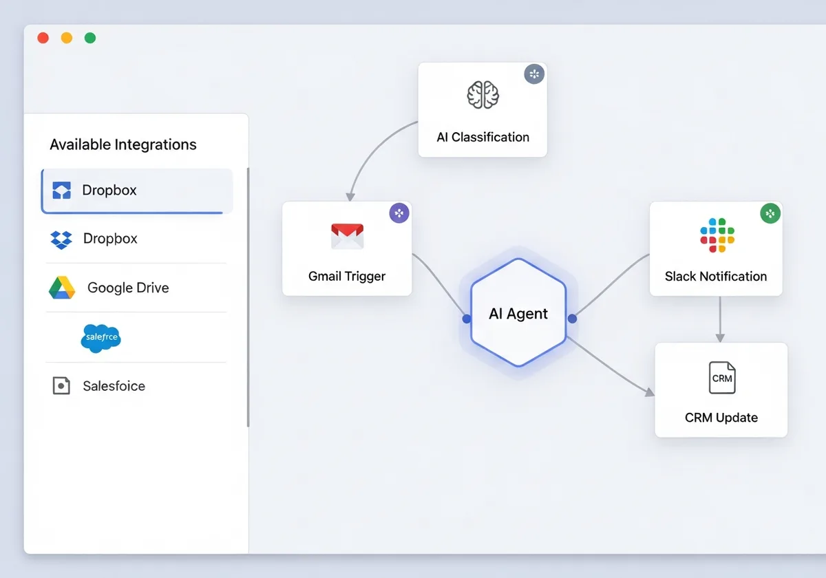 n8n визуален workflow editor с AI Agent нод, LLM конфигурация и vector store интеграция