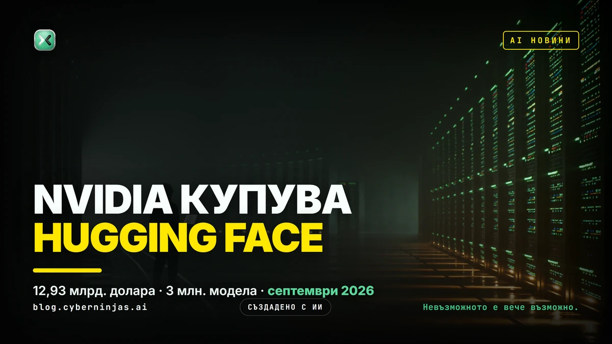 Nvidia купува Hugging Face — тъмна сървърна зала със зелено осветление и силует на разработчик