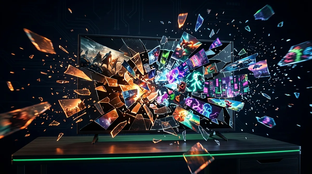 OpenAI спира Sora — разбит телевизионен екран с AI видео символика и логото на Sora