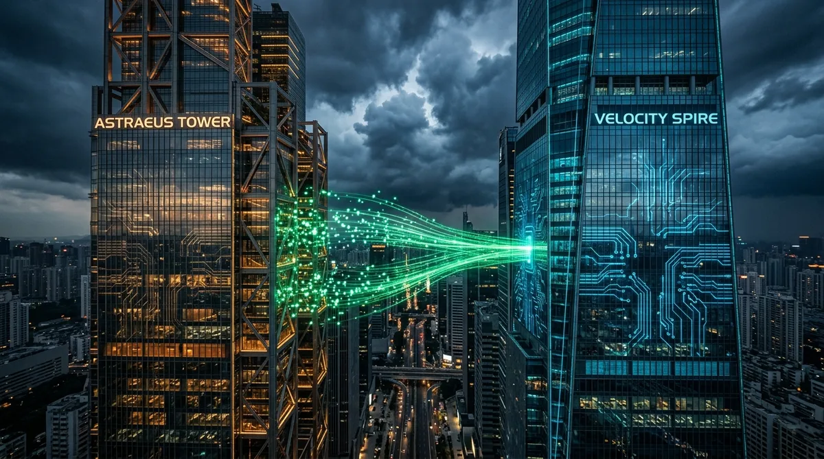 OpenAI vs Anthropic enterprise AI битка — две корпоративни сгради в конкуренция с AI символика