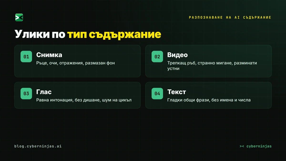 Разпознаване на AI съдържание: контролен списък с улики по снимка, видео и глас
