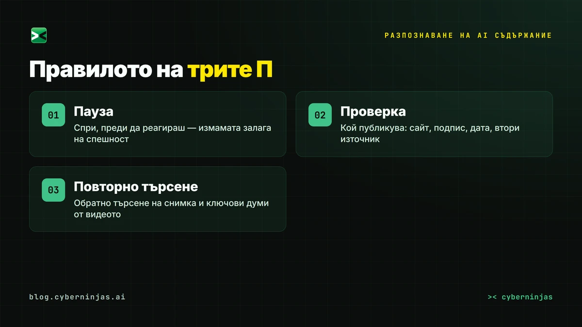 Разпознаване на AI съдържание: правилото на трите П — пауза, проверка, повторно търсене