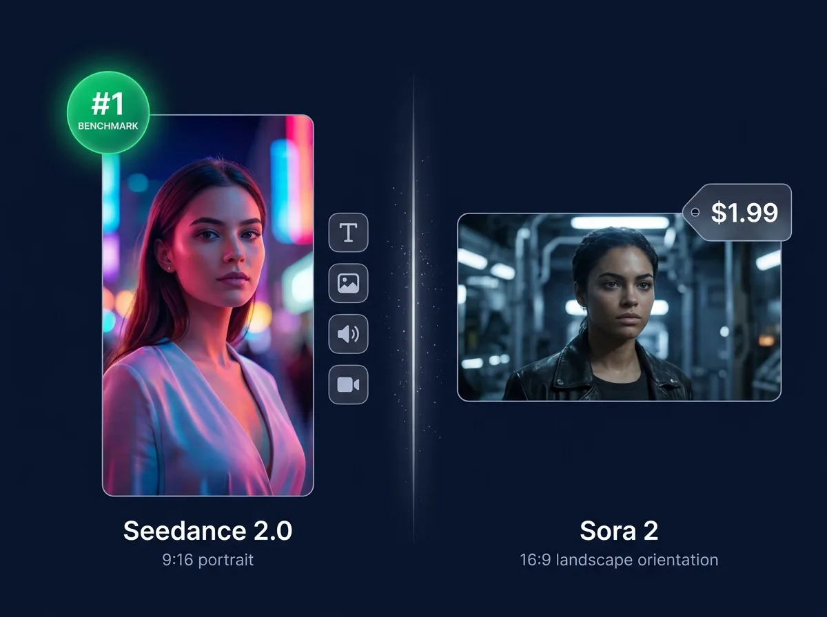 Seedance 2.0 vs Sora 2 vs Veo 3.1 сравнителна визуализация — AI видео генератор бенчмарк ревю