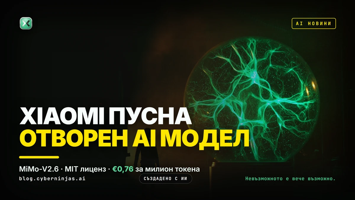 Xiaomi MiMo-V2.6 — отвореният AI модел на Xiaomi като светещ чип върху тъмна работна маса